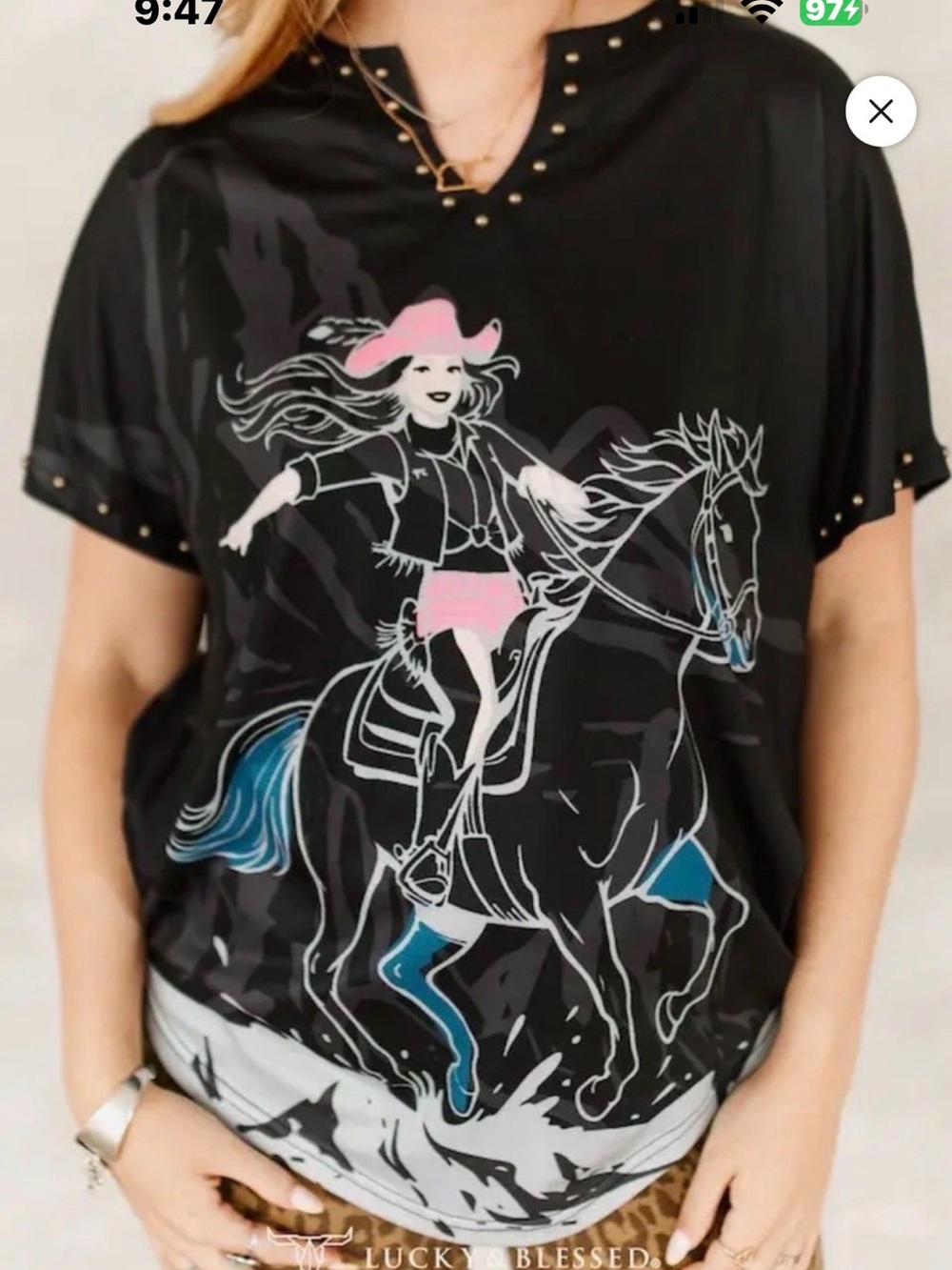 Lucky & Blessed Women's pBlack Tee with Pink & Blue Cowboy Graphic